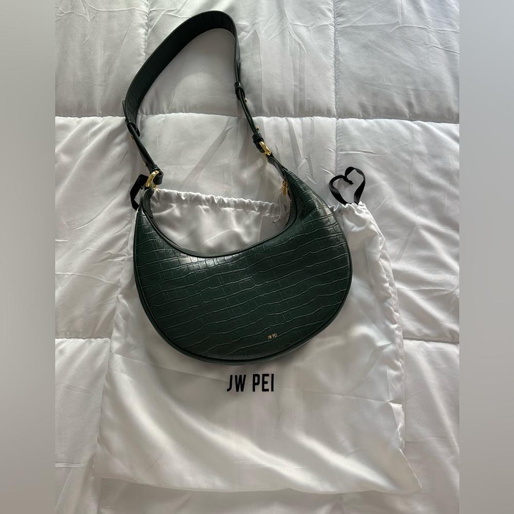 JW PEI dark green crocodile-embossed leather shoulder bag